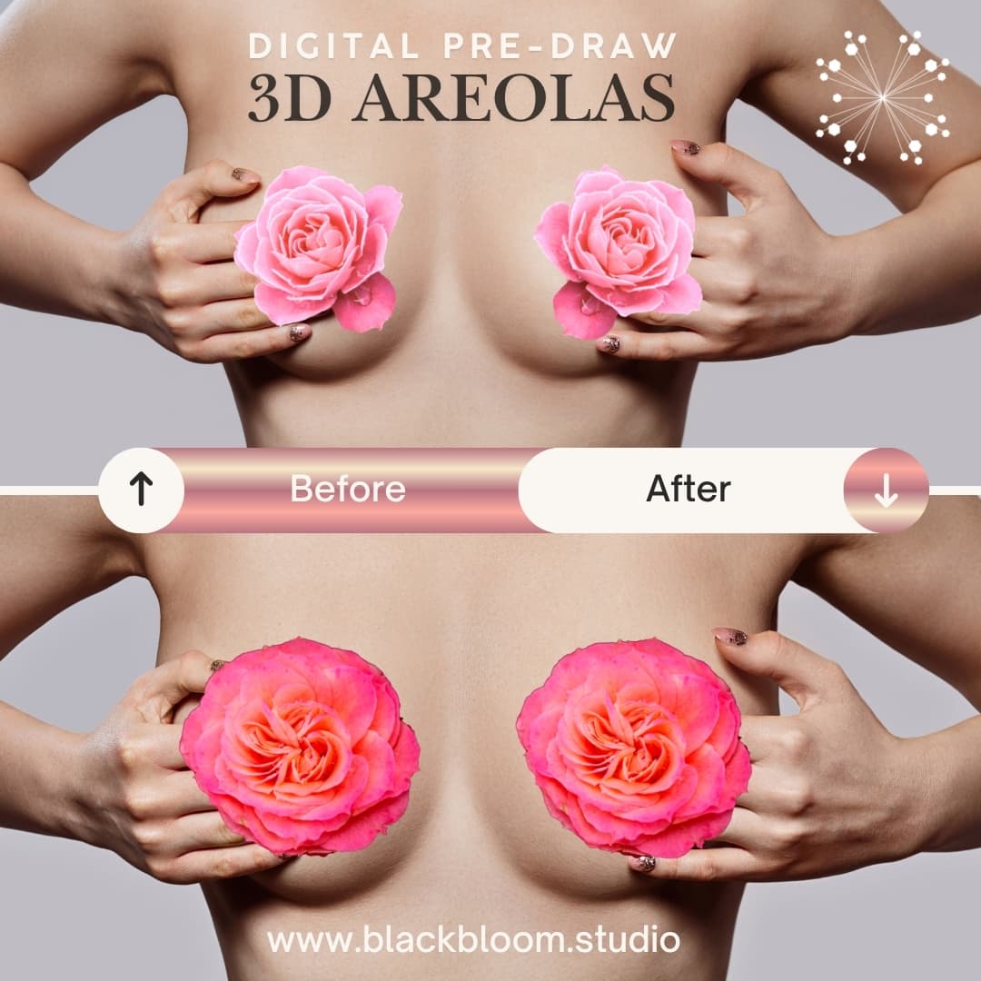 3D areola digital pre-draw consultation example with flowers providing privacy at Black Bloom Studio in Dallas, Texas