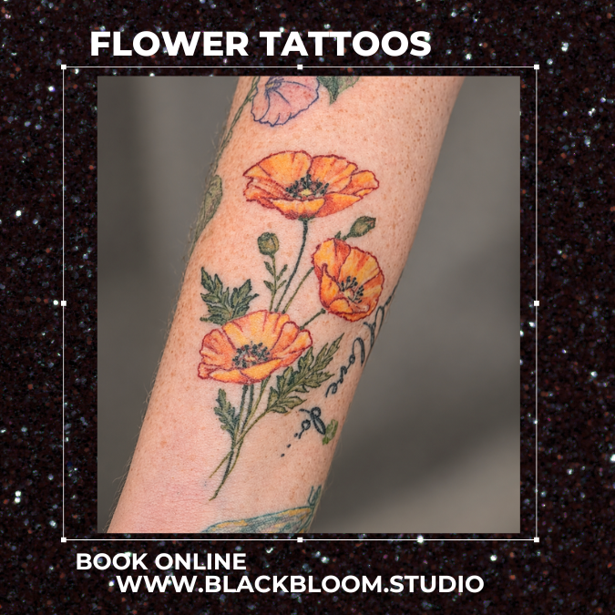 Healed orange poppy flower tattoo by Breanna Joy at Black Bloom Studio in Dallas, Texas