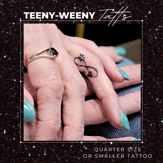Tiny finger tattoo with heart, infinity symbol and paw print by Breanna Joy at Black Bloom Studio in Dallas