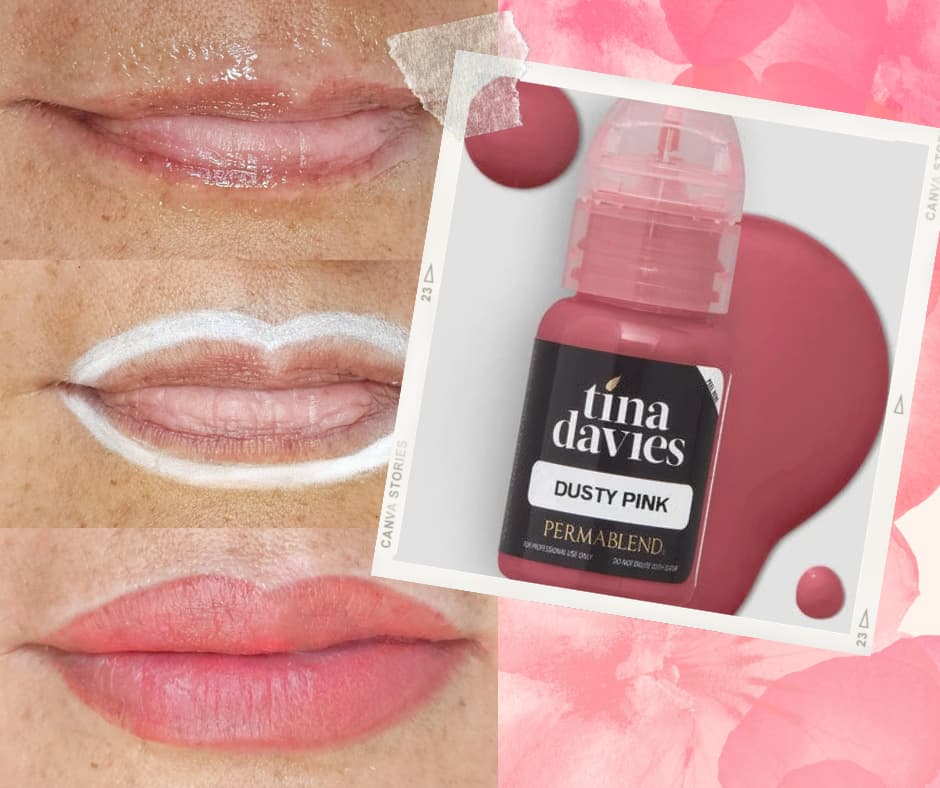 Before and after Dusty Pink lip blush tattoo results at Black Bloom Studio in Dallas, Texas
