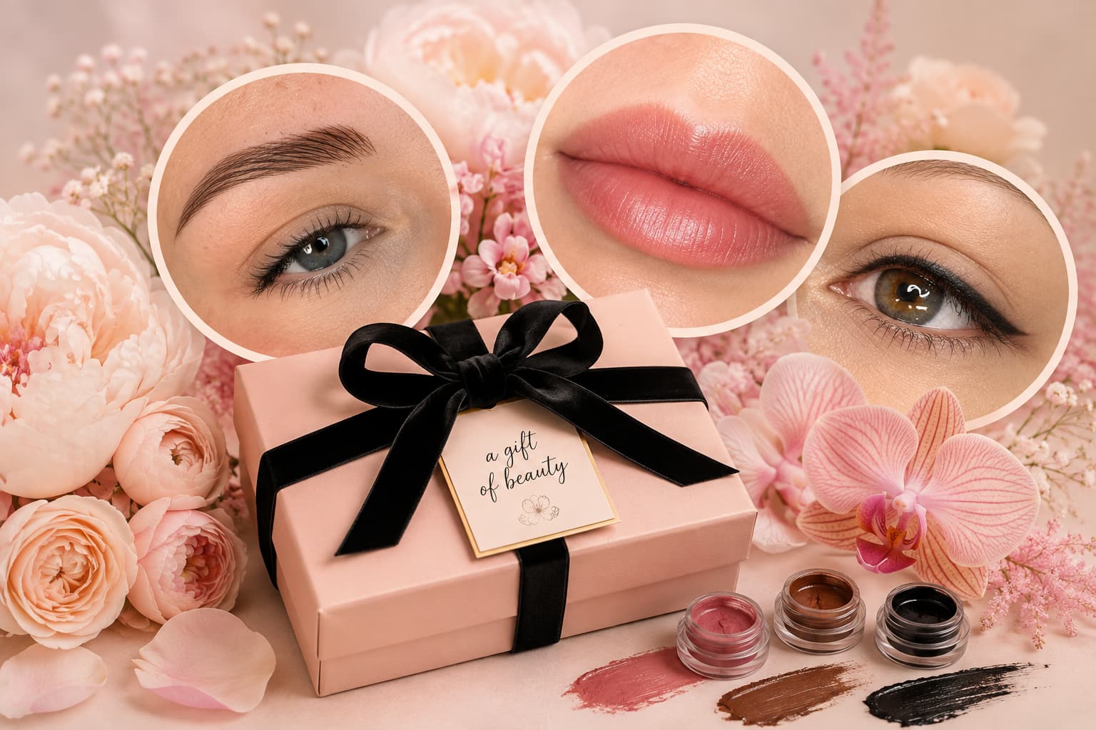 Black Bloom Studio cosmetic tattoo gift cards for nano brows, lip blush and lash enhancing eyeliner in Dallas