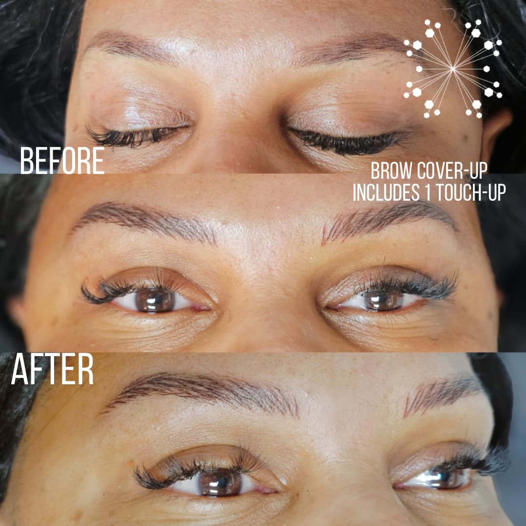 Before and after brow cover-up in Dallas showing faded old brow tattoo corrected with natural hair strokes at Black Bloom Studio