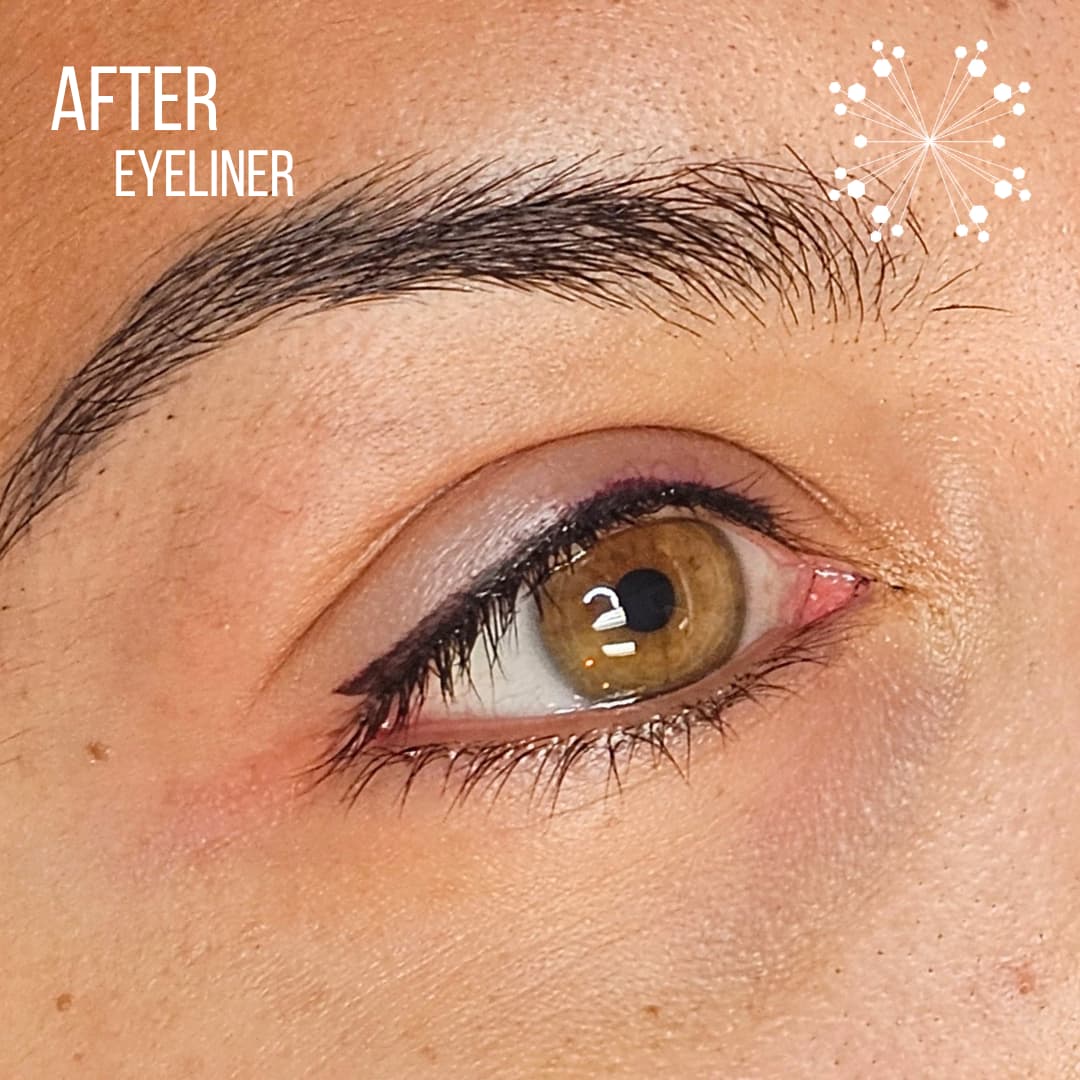 Close-up after lash enhancing eyeliner tattoo showing soft black permanent eyeliner at Black Bloom Studio in Dallas