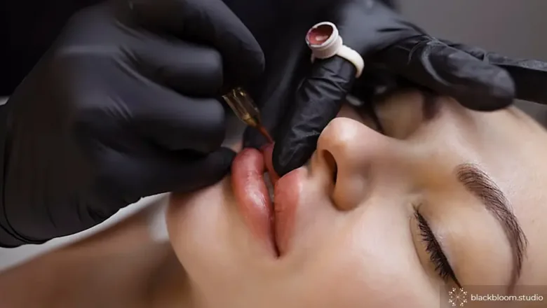 Permanent makeup artist performing a lip blush in Dallas treatment at Black Bloom Studio