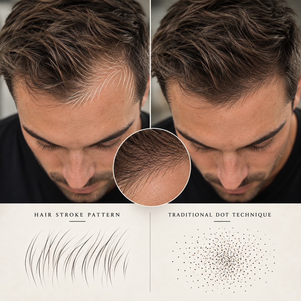 Brunette male scalp micropigmentation example comparing realistic hair stroke tattoo patterns with traditional dot technique for thinning hair.
